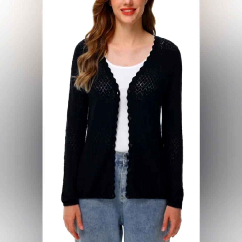Frye Pointelle Cardigan Classic Black Women's Cardigan